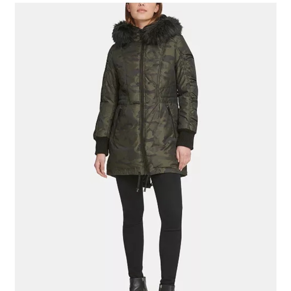 DKNY Women's Green Camouflage Puffer Jacket with Black Faux Fur